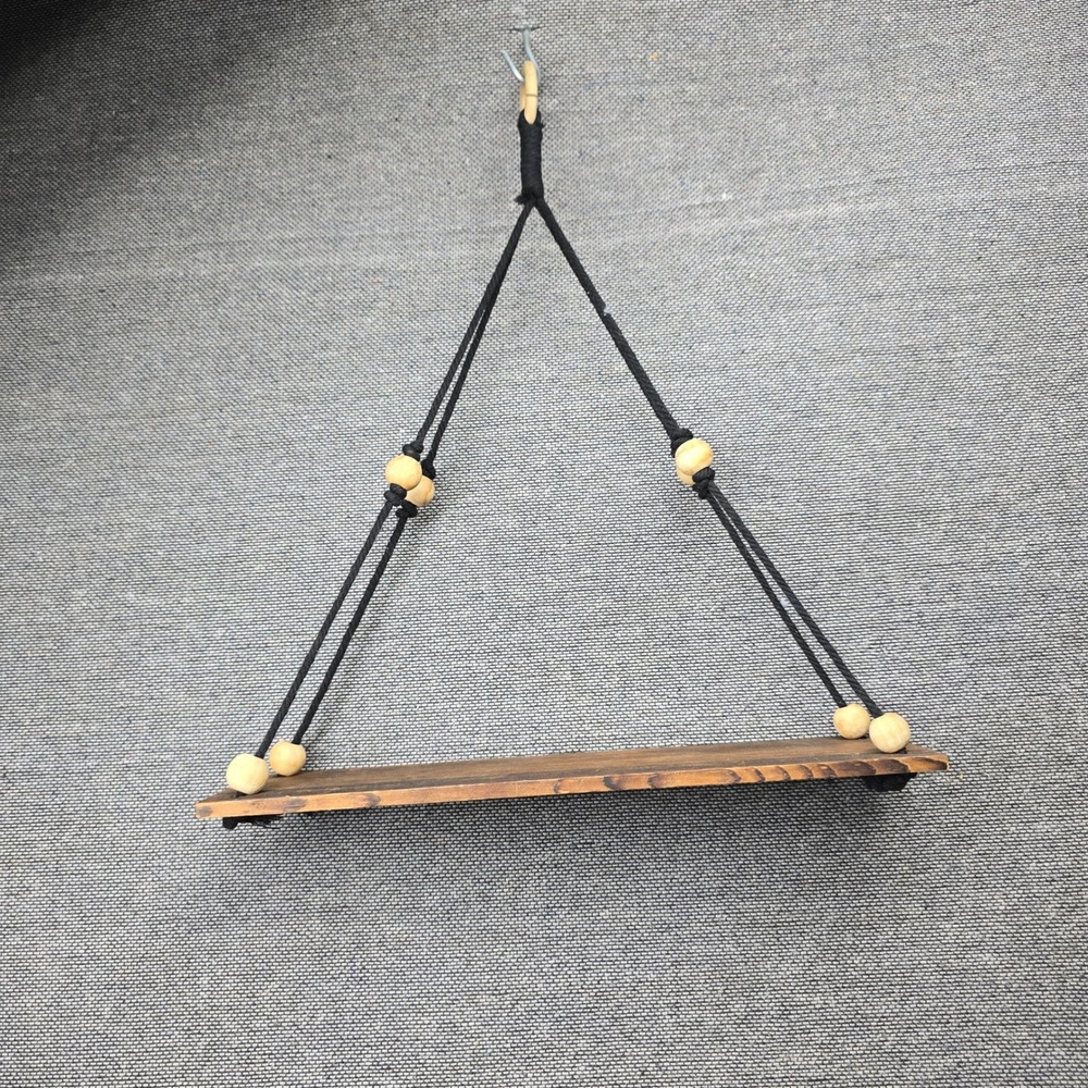 Boho Hanging Wood Wall Shelf Black Cord Natural Beads Rustic Floating Swing